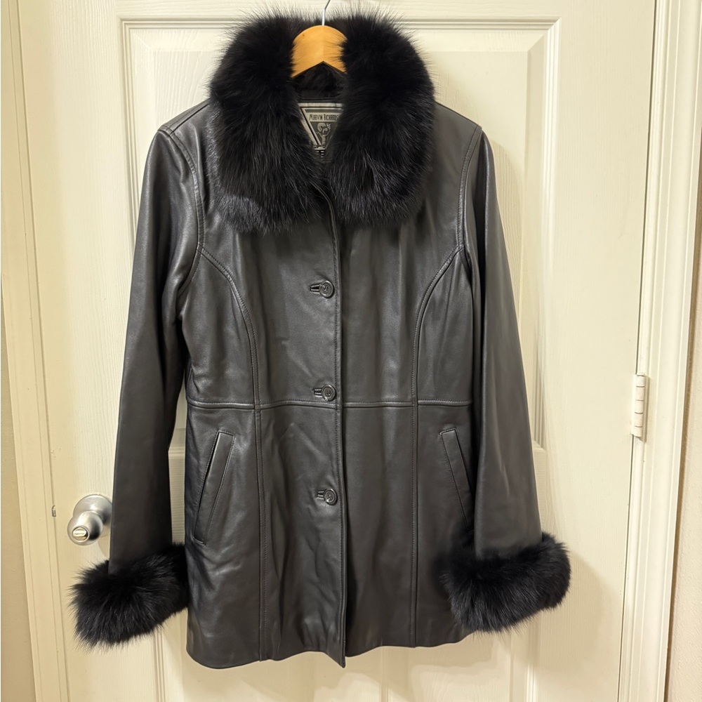 Leather jacket with fox fur trim